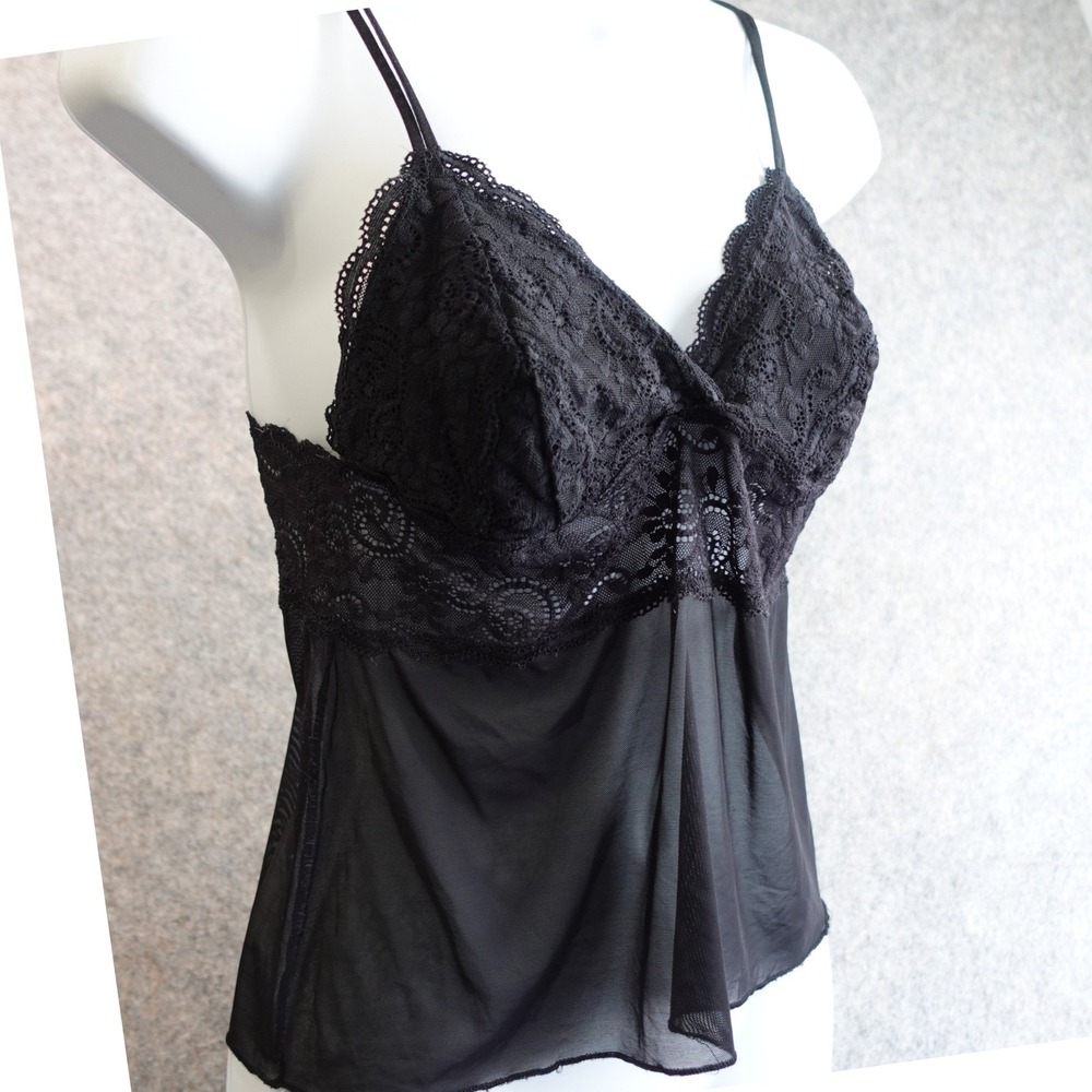 Y2K Babydoll Cami Top Black Lace‎ Sheer Satin Whimsigoth Fairy Gothic Romantic